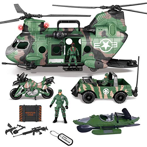 JOYIN 10 en 1 Juego de Juguete de Helicóptero de Transporte Militar Jumbo Incluyendo Helicóptero con luz y Sonido Realistas,Camión Militar, Barco de Kayak, Motocicletas, Figuras Militares