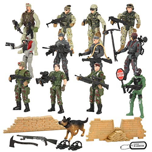 JOYIN Juego de 16 piezas de soldados de juguete militar, figuras de hombres del ejército con 12 figuras de acción realistas de guardabosques del ejército y accesorios de equipo de armas