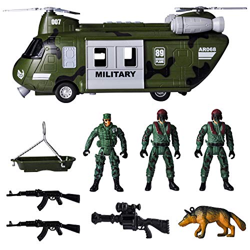 JOYIN Juguetes de Vehículos Militares, helicóptero de Transporte Propulsado por Fricción con Sirena de Luz y Sonido, y Figuras de acción de Soldados del ejército para niños