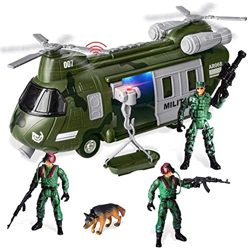 JOYIN Juguetes de Vehículos Militares, helicóptero de Transporte Propulsado por Fricción con Sirena de Luz y Sonido, y Figuras de acción de Soldados del ejército para niños