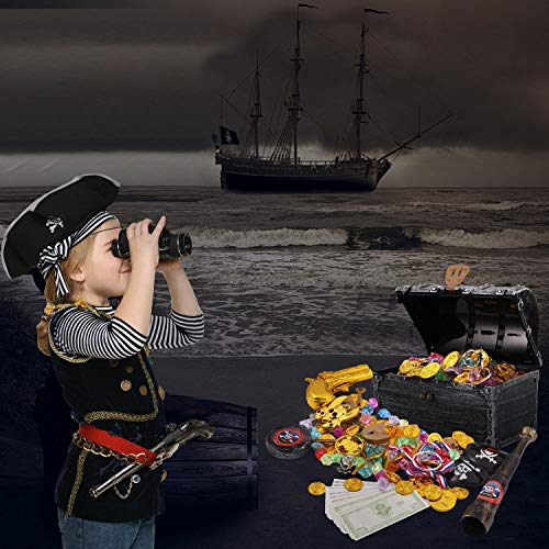 JOYUE Piratas del Tesoro Cofre del Tesoro, Diamantes Acrílicos, Monedas Doradas de Pirata, Monedas de Oro y Gemas, Juguete Pirata Niños para Caza, Fiestas Temáticas Piratas