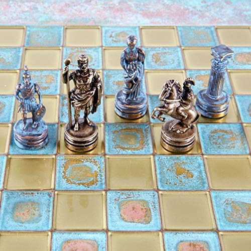 Juego de ajedrez del ejército romano griego – azul y cobre con tabla oxidada azul