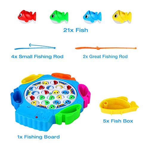 Juegos de Mesa de Pesca Juguetes Niños 3 4 5 6 años Educativos Musical 21pcs Peces Juguete con 6 Cañas de Pescar, Entrega al Azar de Color