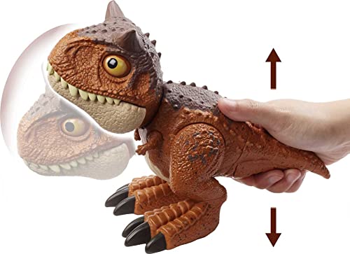 Jurassic World Bebé Carnotaurus mordedor Dinosaurio articulado con movimientos y sonidos, figura de juguete para niños (Mattel HBY85)