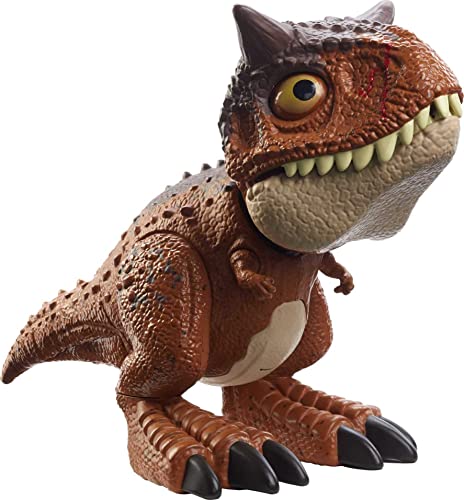 Jurassic World Bebé Carnotaurus mordedor Dinosaurio articulado con movimientos y sonidos, figura de juguete para niños (Mattel HBY85)