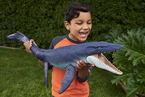 Jurassic World Mosasaurus defensor del océano Dinosaurio articulado hecho con plastico reciclado, figura de juguete para niños (Mattel HCB04)