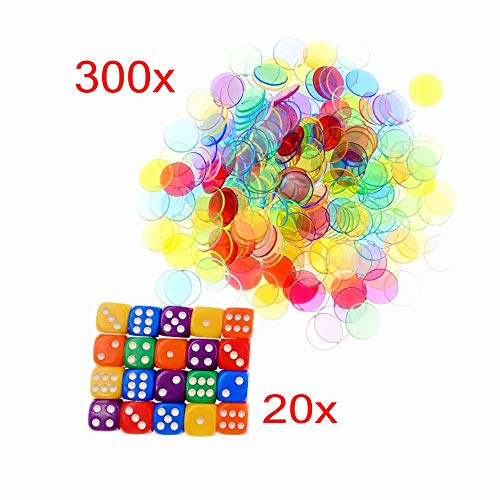 JZK 300 x Contadores Multicolor plástico Transparente marcadores de Chips de Bingo 19mm + 20 x Dados 6 Caras, para matemáticas o Juego de Bingo