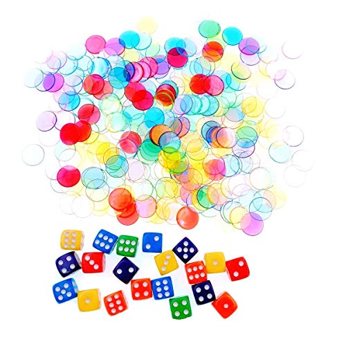 JZK 300 x Contadores Multicolor plástico Transparente marcadores de Chips de Bingo 19mm + 20 x Dados 6 Caras, para matemáticas o Juego de Bingo
