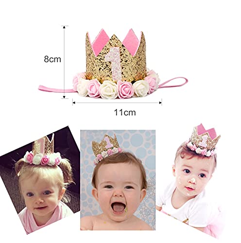 JZK Corona de princesa dorada rosa sombrero cumpleaños para bebé niña primer cumpleaños, 1 año niña corona cumpleaños tiara, princesa bebé flor corona diadema cumpleaños accesorios