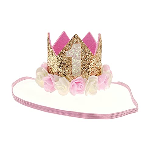 JZK Corona de princesa dorada rosa sombrero cumpleaños para bebé niña primer cumpleaños, 1 año niña corona cumpleaños tiara, princesa bebé flor corona diadema cumpleaños accesorios