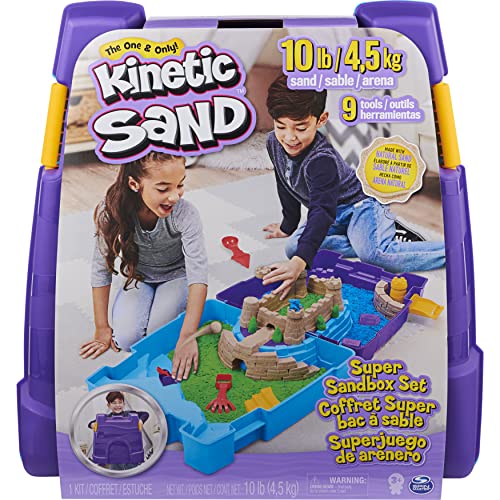Kinetic Sand Super Sandbox Set con 10 Libras de Arena cinética, Caja de Arena portátil con 10 moldes y Herramientas, Juguetes sensoriales de Arena para niños Mayores de 3 años
