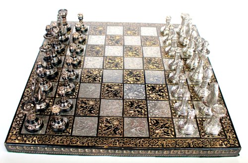 KLEO Stonkraft - Juego de ajedrez 31 x 31 cm - Plata Metalizada y Juego de Colores Negro con Brillantes Piezas de ajedrez de Lujo