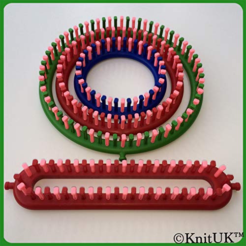 Knitting Loom Assortment Set of 4: 1 Long + 3 Round Looms. New Series Looms with extra pegs for bulky & fine yarns by KnitUK