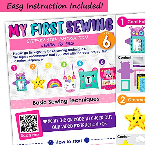 KraFun My First Kit de costura para niños, principiantes en artes y manualidades, incluye 6 muñecas de proyecto fácil, almohadas, instrucciones y materiales de fieltro para aprender a coser y bordar