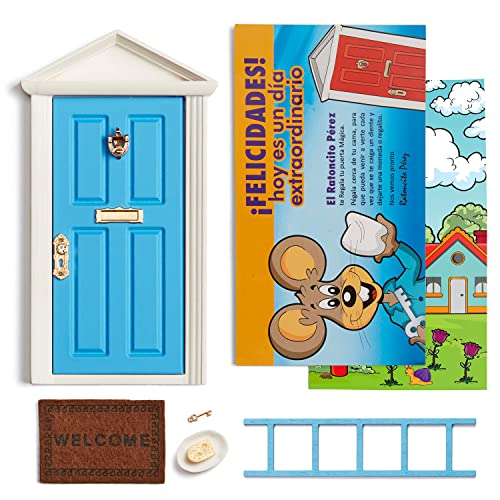 LA PUERTA MÁGICA puerta ratoncito Pérez CERTIFICADA - La puerta mágica del ratón Pérez con 6 accesorios + postal de felicitación - Regalo niño 5 años (Azul)