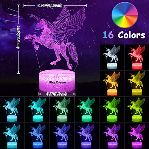 Lámpara Unicornio 3D, 16 Colores Luz Unicornio Niña con control Remoto, Regulable, Cable USB, Lámpara LED Unicornio Regalo para Niña, Juguete Unicornio, Regalo Navidad
