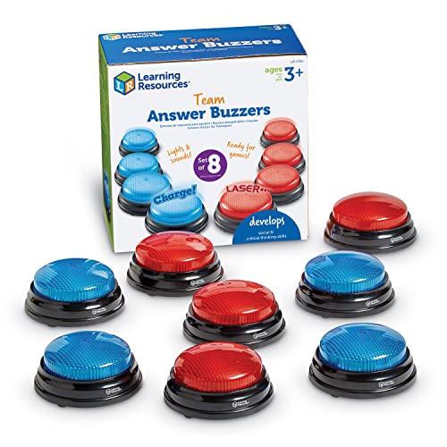 Learning Resources Botones de Respuesta para Equipos, 4 Rojos y 4 Azules, 2 Sonidos Distintos, Divertidos Botones para Usar en Juegos en el Aula y en casa, 3+ años de Edad