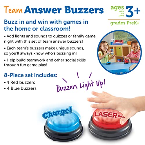 Learning Resources Botones de Respuesta para Equipos, 4 Rojos y 4 Azules, 2 Sonidos Distintos, Divertidos Botones para Usar en Juegos en el Aula y en casa, 3+ años de Edad