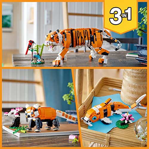 LEGO 31129 Creator 3en1 Tigre Majestuoso Panda o Pez, Juguete de Construcción, Juego con Animales para Niños 9 Años