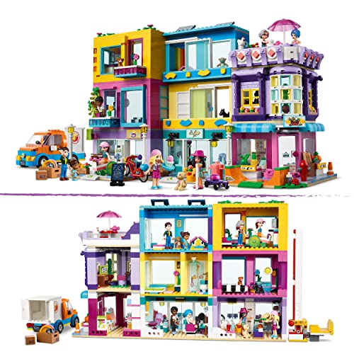 LEGO 41704 Friends Edificio de la Calle Principal y Peluquería de Heartlake City, Casa de Muñecas con 7 Mini Figuras