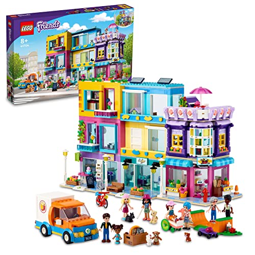 LEGO 41704 Friends Edificio de la Calle Principal y Peluquería de Heartlake City, Casa de Muñecas con 7 Mini Figuras
