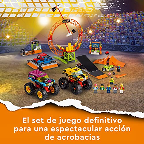 LEGO 60295 City Stuntz Espectáculo Acrobático: Arena, Set con 2 Monster Trucks, Moto con Rueda de Inercia, Anillo de Fuego y Mini Figuras