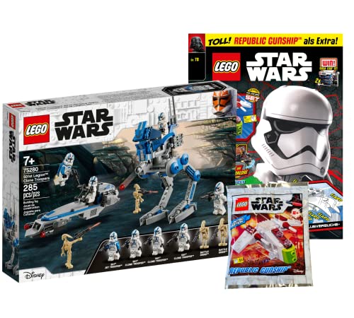 Lego 75280 - Juego de cartas de los trofeos Clone Troopers del 501 Legion 75280 + revista Star Wars nº 78 (cómics, póster) con bolsa de plástico de barco de cañón republicano