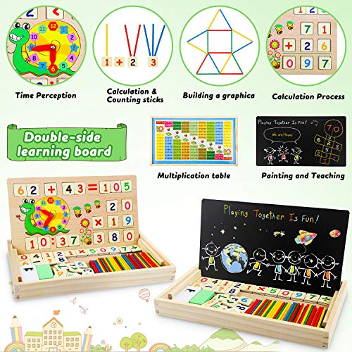 lenbest Matemáticas & Reloj Juguetes Caja Madera, Juguete Montessori Multifuncional de Reloj & Operación Matemática & Pintura, con Pizarra Magnética y 3 Tarjetas Matemáticas para Educación Temprana