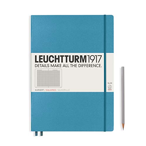 LEUCHTTURM1917 354757 Libreta de notas Master Slim (A4+) tapas duras, 123 páginas numeradas, azul nórdico, cuadriculada,