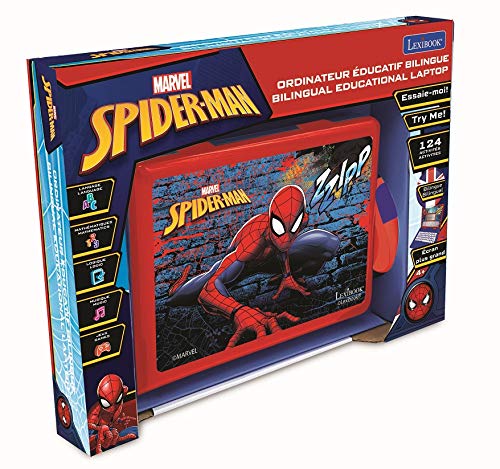 LEXIBOOK- Spider-Man-Ordenador portátil bilingüe con Fines educativos en INGLÉS Y ALEMÁN 124 Actividades, matemáticas, lógica, música, Reloj, Juegos, Juguetes Infantiles niños