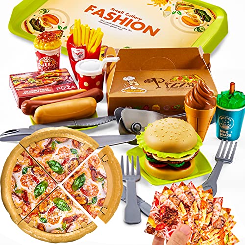 LINFUN KIDS Pizza Hamburguesa Alimentos Desmontar Juguete Accesorios de Cocina y Comida con Bandeja, Juego de rol Regalo para Niños Niñas 3 + Años