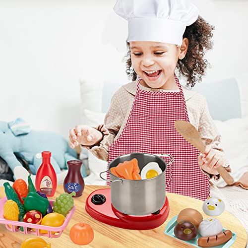 Locisne Juego de 42 juegos de cocina para niños, mini juegos de juguetes de comida coloridos, juego de cocina y horneado con ollas y sartenes de acero inoxidable, delantal y sombrero de chef