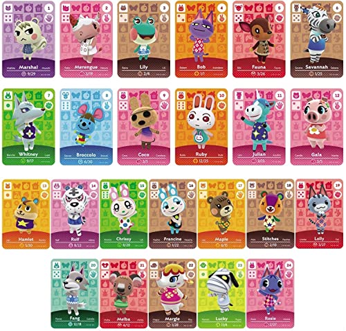 Lote de 24 tarjetas NFC para Amiibo Animal Crossing New Horizon compatible con Nintendo Switch Lite Wii U New 3DS Rare Villageois Serie 1 a 4 con funda de almacenamiento