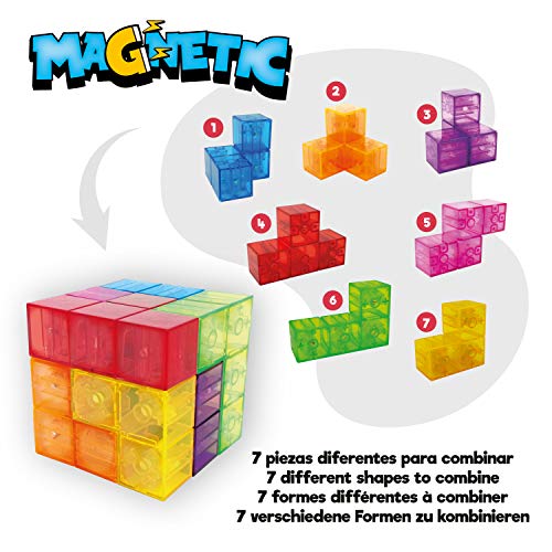 Magic Magnetic Cube, un Juego de, concentración y agudeza Mental, una diversión para Amantes de retos. Contiene 7 Piezas 3D magnéticas Transparente y Tarjetas con 108 retos a Construir.