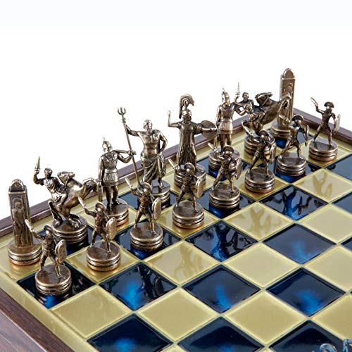Manopoulos Juego de ajedrez de mitología griega, azul y cobre, caja de madera, tablero azul