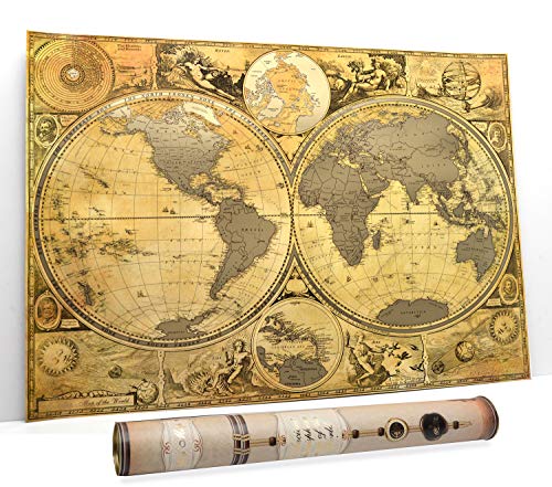 Mapa de pared con diseño de mapa de la historia de la ancla con rasguños en el mundo, Diseño de antiguo mapa, mapa del mundo en color dorado