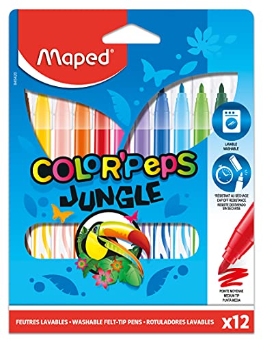 Maped Color' Peps Jungle - Pack de 12 Rotuladores con Estuche de Cartón, Multicolor