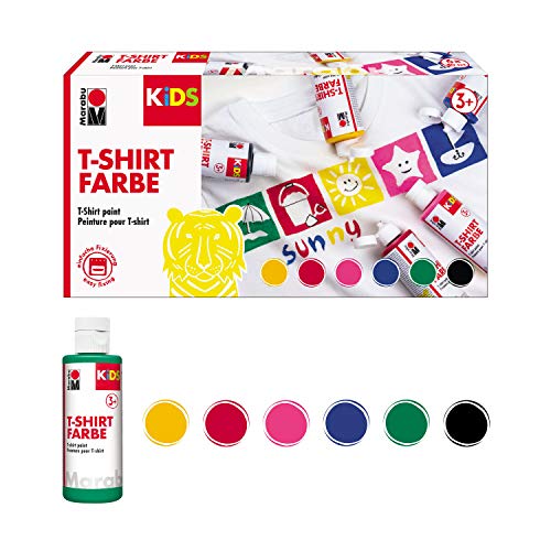 Marabu 0308000000001 – Camiseta de color, 6 x 80 ml, pintura de tela para niños, para diseños creativos en tejidos claros, después de la fijación, lavable hasta 60 °C, ideal para niños