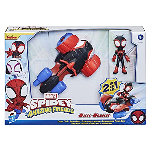 Marvel Spidey and His Amazing Friends - Tecno-moto Change 'N Go y figura de Miles Morales de 10 cm - Vehículo 2 en 1 - Edad: 3+