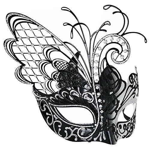 Máscara veneciana de metal con diamantes de imitación de mariposa negra / plateada para mascarada / fiesta de Mardi Gras / baile de disfraces sexy / boda
