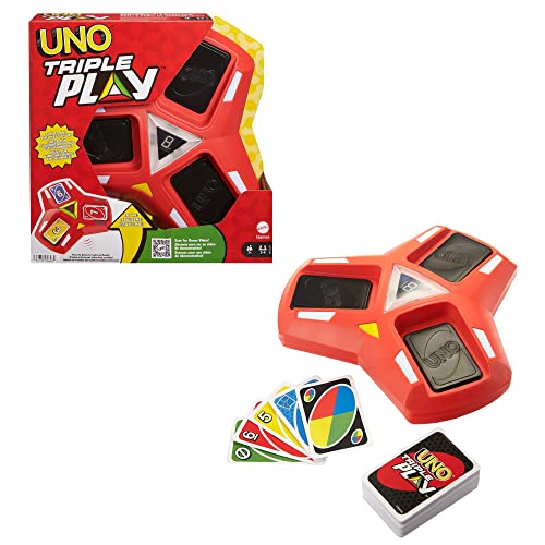 ​Mattel Games UNO Triple Play Card Game with Card-Holder Unit with Lights & Sounds & 112 Cards, Kid, Teen & Adult Game Night Gift Ages 7 Years & Older