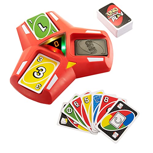 ​Mattel Games UNO Triple Play Card Game with Card-Holder Unit with Lights & Sounds & 112 Cards, Kid, Teen & Adult Game Night Gift Ages 7 Years & Older