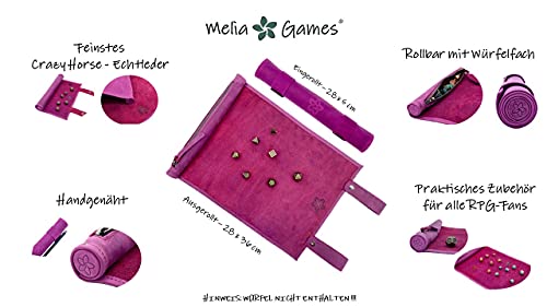 Melia Games RPG - Alfombrilla para Dados, Hecha a Mano, de Piel auténtica, con Compartimento para Dados, para Todos los Juegos de fantasía como DND, DSA, Cthulhu (Crazy Purple)
