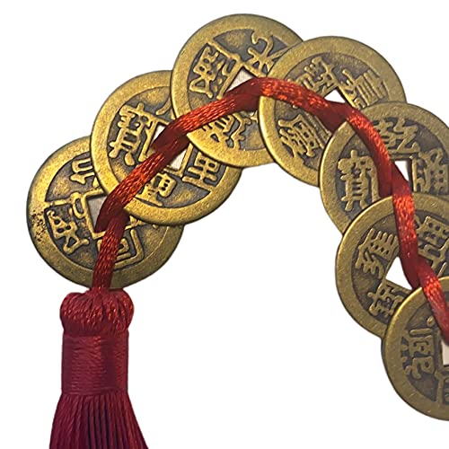 Monedas de la Suerte Chinas Bronce Vintage 1 Juego 8 Monedas Ø 23mm Hilo Rojo | Feng Shui I-Ching Coins Prosperidad Riqueza Éxito Suerte | Remolque para Coche, apartamento | Esotérico