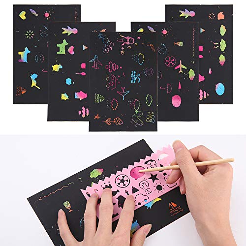 MOOKLIN ROAM Scratch Art, 59 Hojas Manualidades Rascar Paper Rainbow Mini Bloc de Notas Mágico con Lápices Plantillas Dibujos