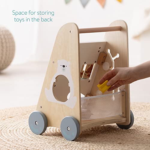 Navaris Andador de madera para bebé - Carrito correpasillos para primeros pasos con juguetes y actividades - Carro caminador para bebés +18 meses
