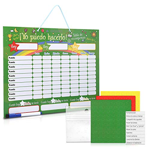 Navaris Pizarra de recompensa para niños - Tabla magnética para Dar premios por Buen Comportamiento - Calendario con rotulador 250 imanes - Español