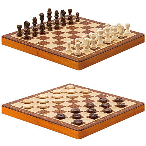 Navaris Tablero de ajedrez y Damas - Board magnético 2en1 de Madera Plegable - con 56 Piezas en Blanco Negro - Juego de Mesa Profesional - 29 x 29 cm
