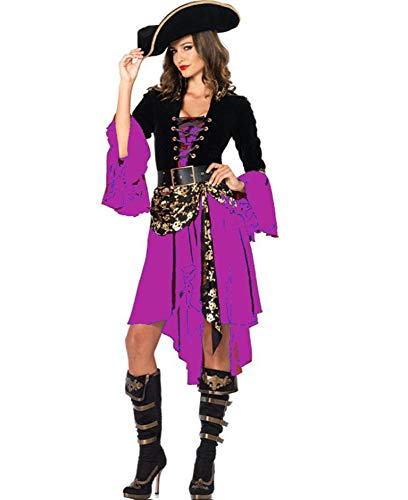 Ovender Disfraz de Carnaval Mono Mascarada Princesa Pirata Mujer con Sombrero y Cinturón Vestido Niña Cosplay Vestido Fiesta Adulta (Púrpura, S)