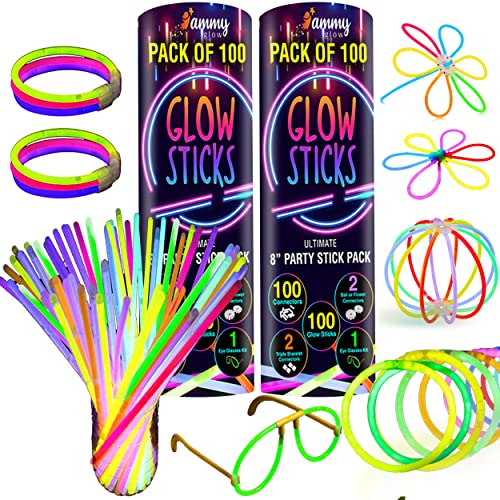 Paquete de 100 varitas fluorescentes de alta calidad para fiestas de 20,3 cm con conectores para hacer pulseras de neón, collares, gafas y bolas para fiestas, multicolor, 205 unidades